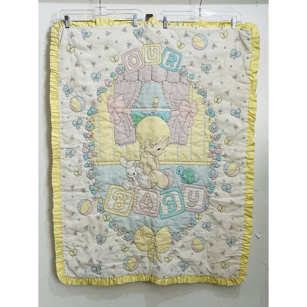 Vintage Precious Moments Quilted Baby Blanket Pastel Turtle Bird Yellow Bunny Bo